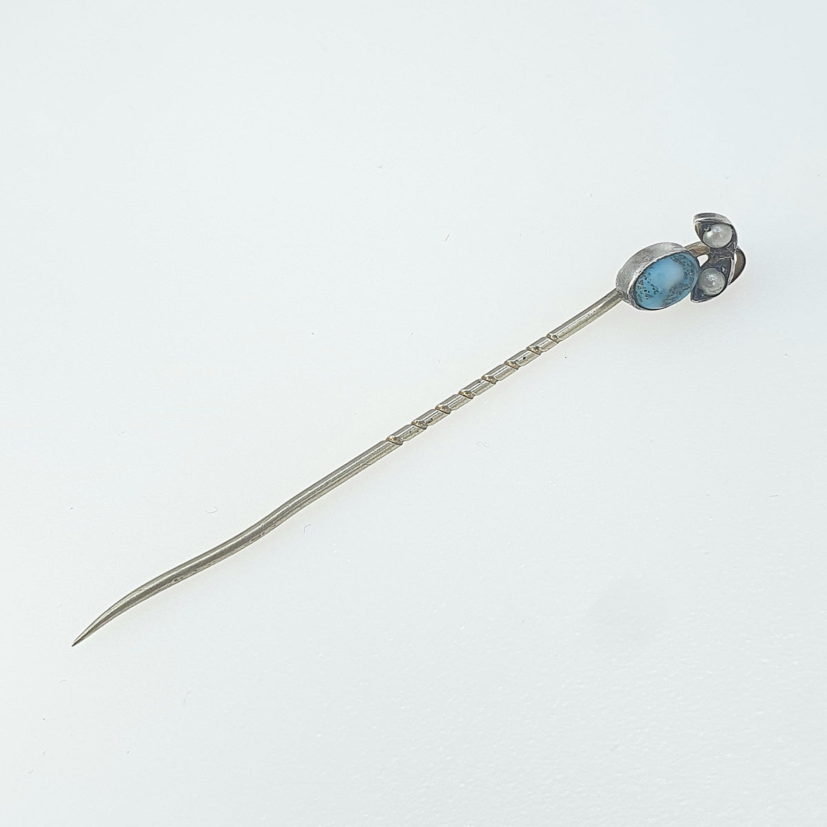 Antique Victorian Solid Silver Turquoise Glass & Pearl Stick Pin Berry Flower and Leaf Base Metal Womens Jewellery Jewelry