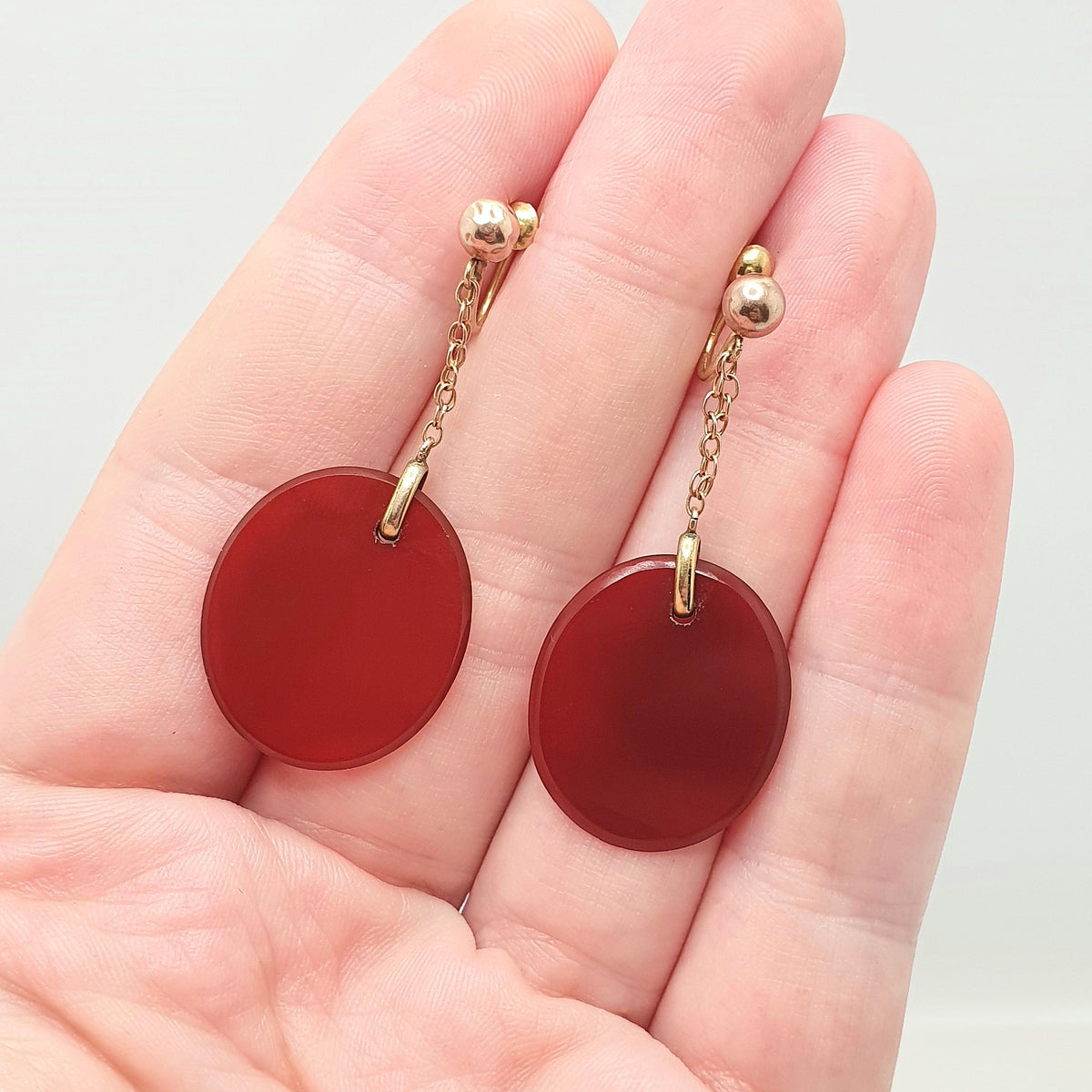 Antique 9ct 9k Gold Carnelian Drop Earrings Oval Gemstone Edwardian Solid 375 Screw Back Agate Red Orange Hanging Jewellery Jewelry