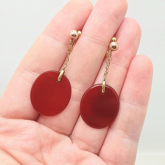 Antique 9ct 9k Gold Carnelian Drop Earrings Oval Gemstone Edwardian Solid 375 Screw Back Agate Red Orange Hanging Jewellery Jewelry