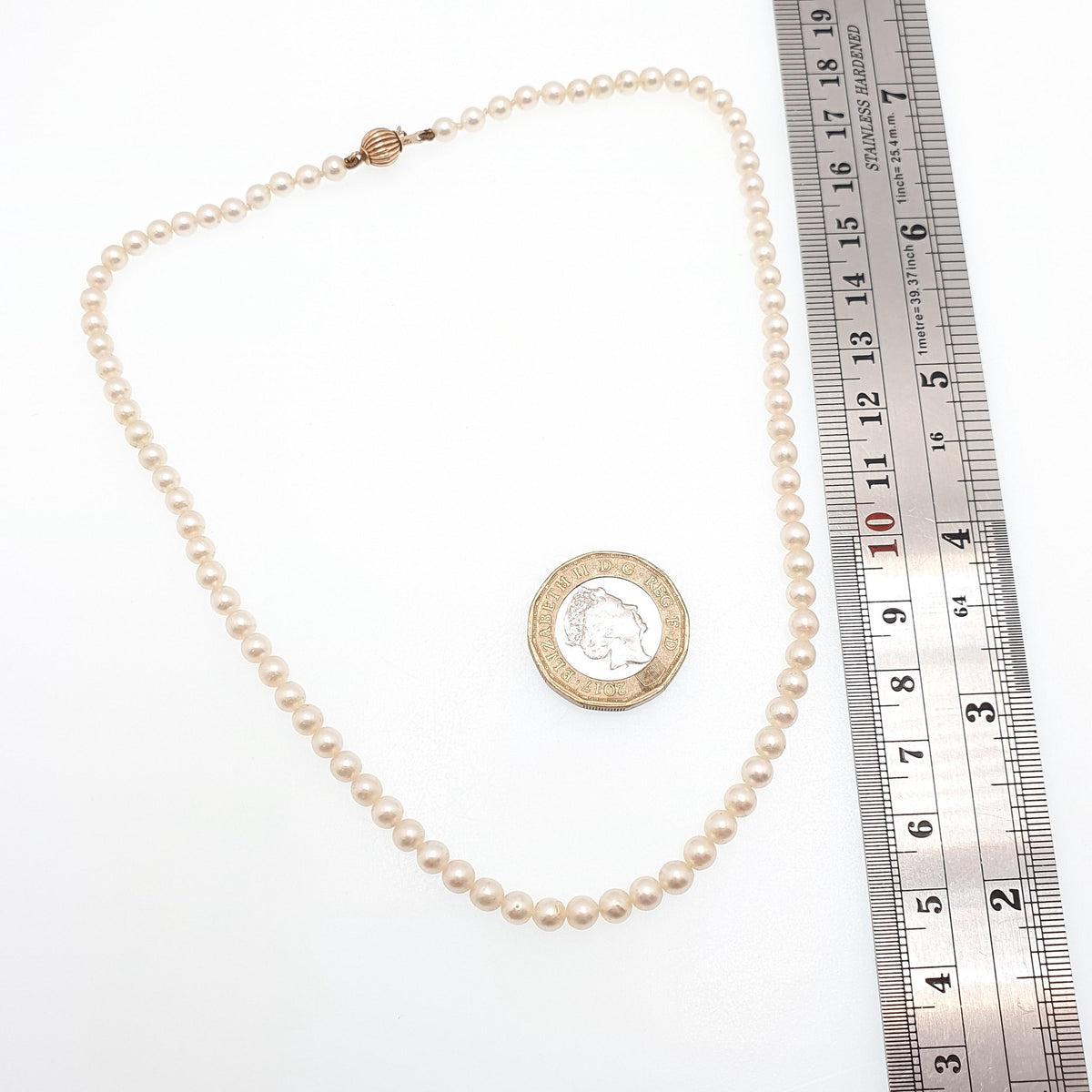Vintage 9ct Gold Cultured Pearl Necklace Solid 9k 375 Choker Bead Ball 37cm 14.5" 9.14g Genuine Real Pearls Ladies Womens Jewelry Jewellery