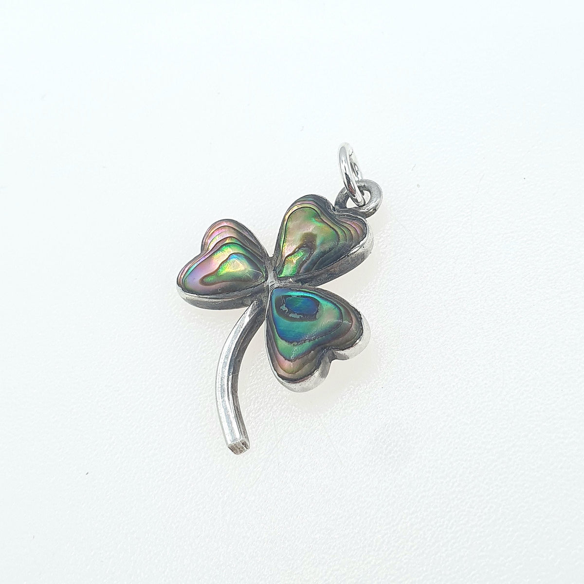 Antique Solid Silver Abalone Shell Clover Pendant Necklace Three Lead Good Luck Lucky Iridescent Rainbow Womens Jewellery Jewelry