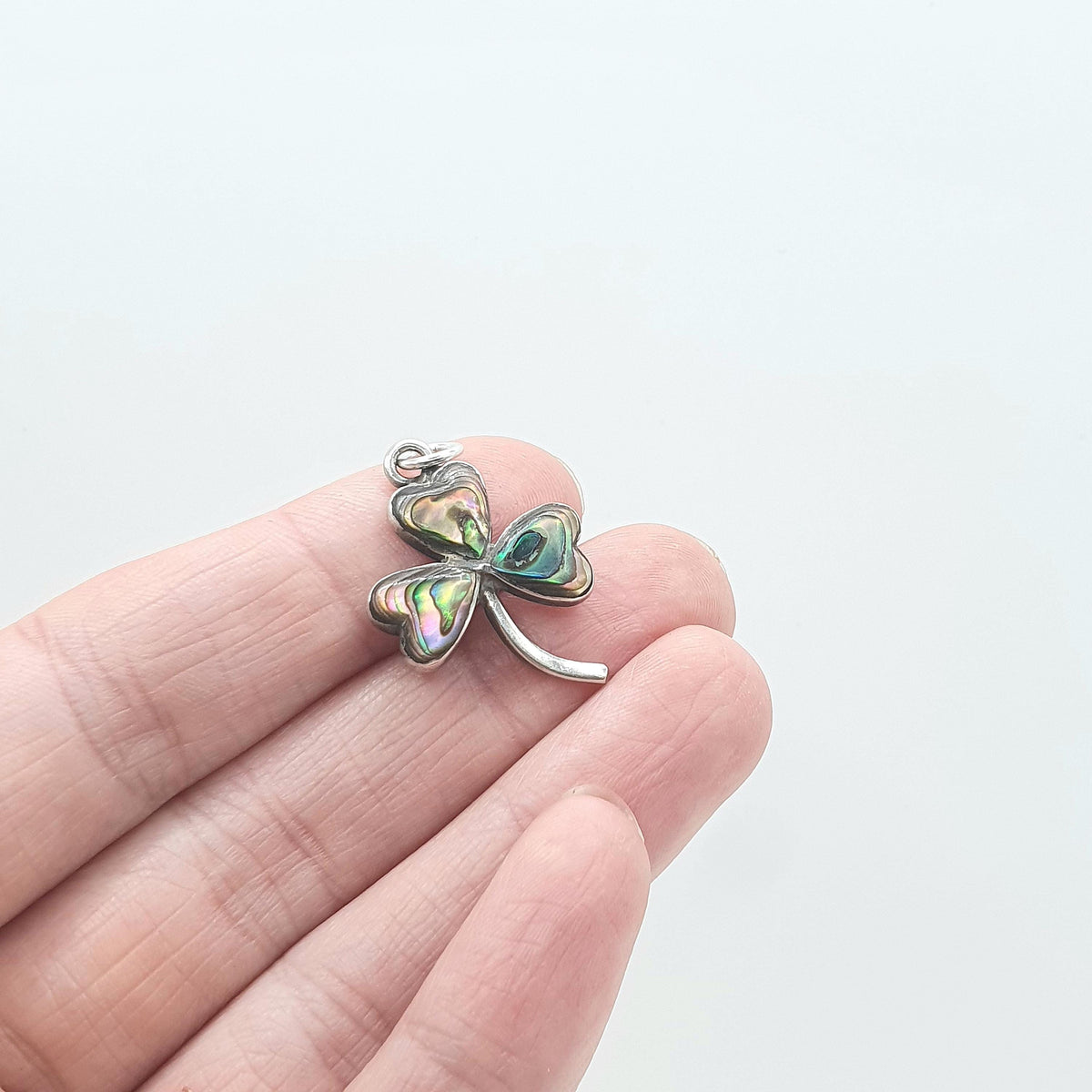 Antique Solid Silver Abalone Shell Clover Pendant Necklace Three Lead Good Luck Lucky Iridescent Rainbow Womens Jewellery Jewelry