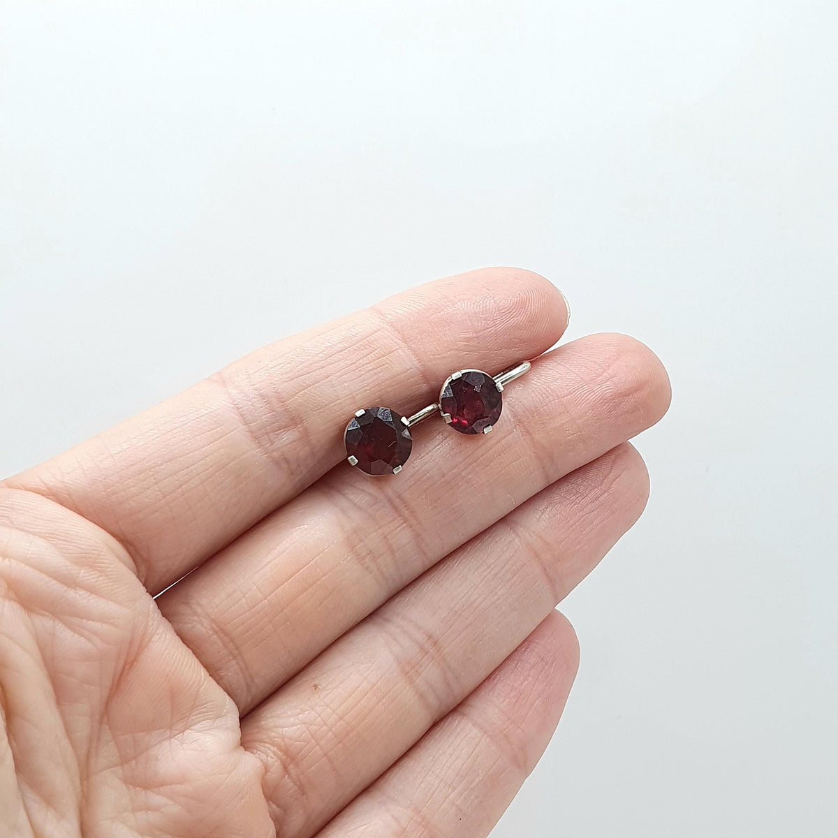 Antique Solid Silver Natural Garnet Earrings Art Deco Round Cut Handmade Screw Back 1920s Vintage Womens Ladies Jewelry Jewellery