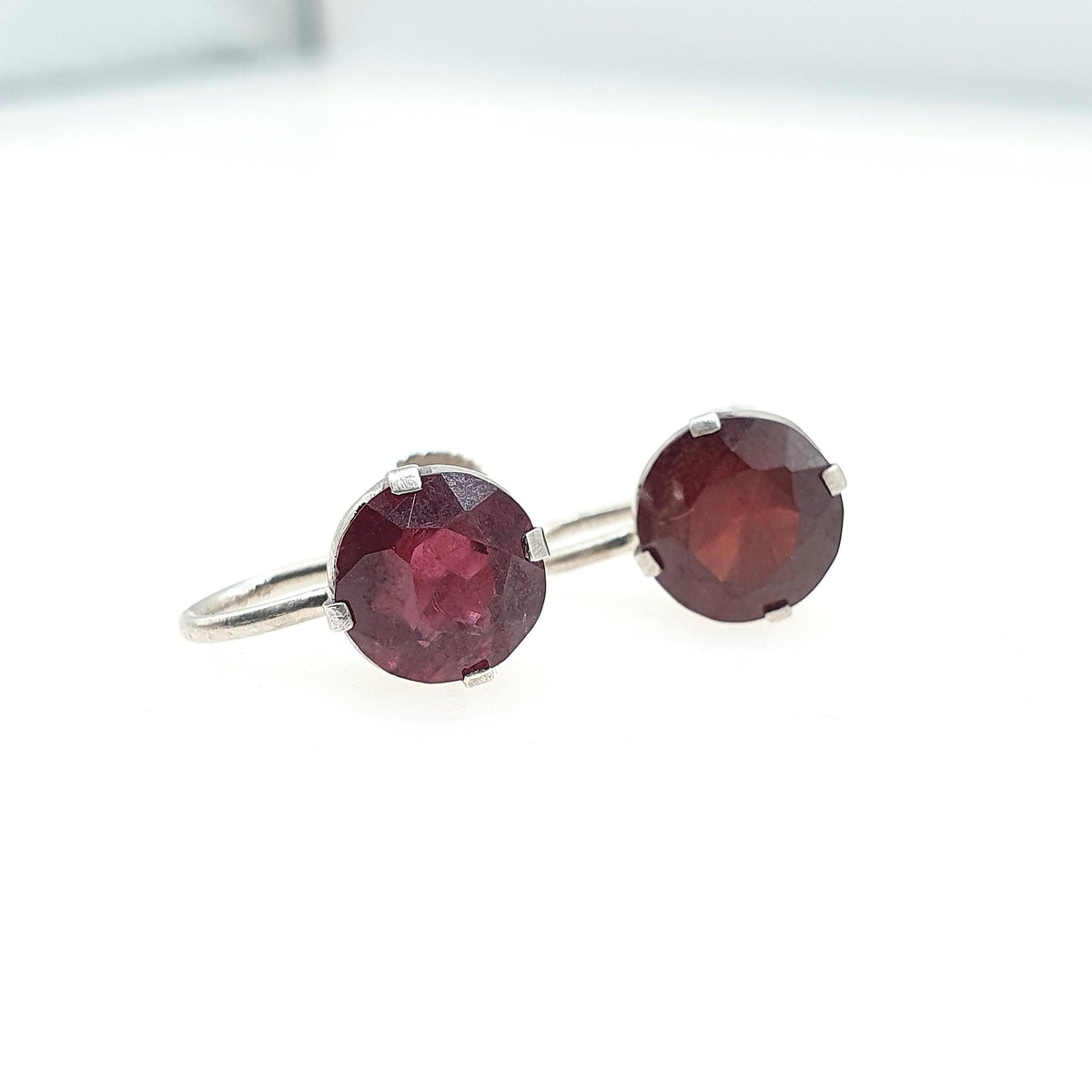 Antique Solid Silver Natural Garnet Earrings Art Deco Round Cut Handmade Screw Back 1920s Vintage Womens Ladies Jewelry Jewellery