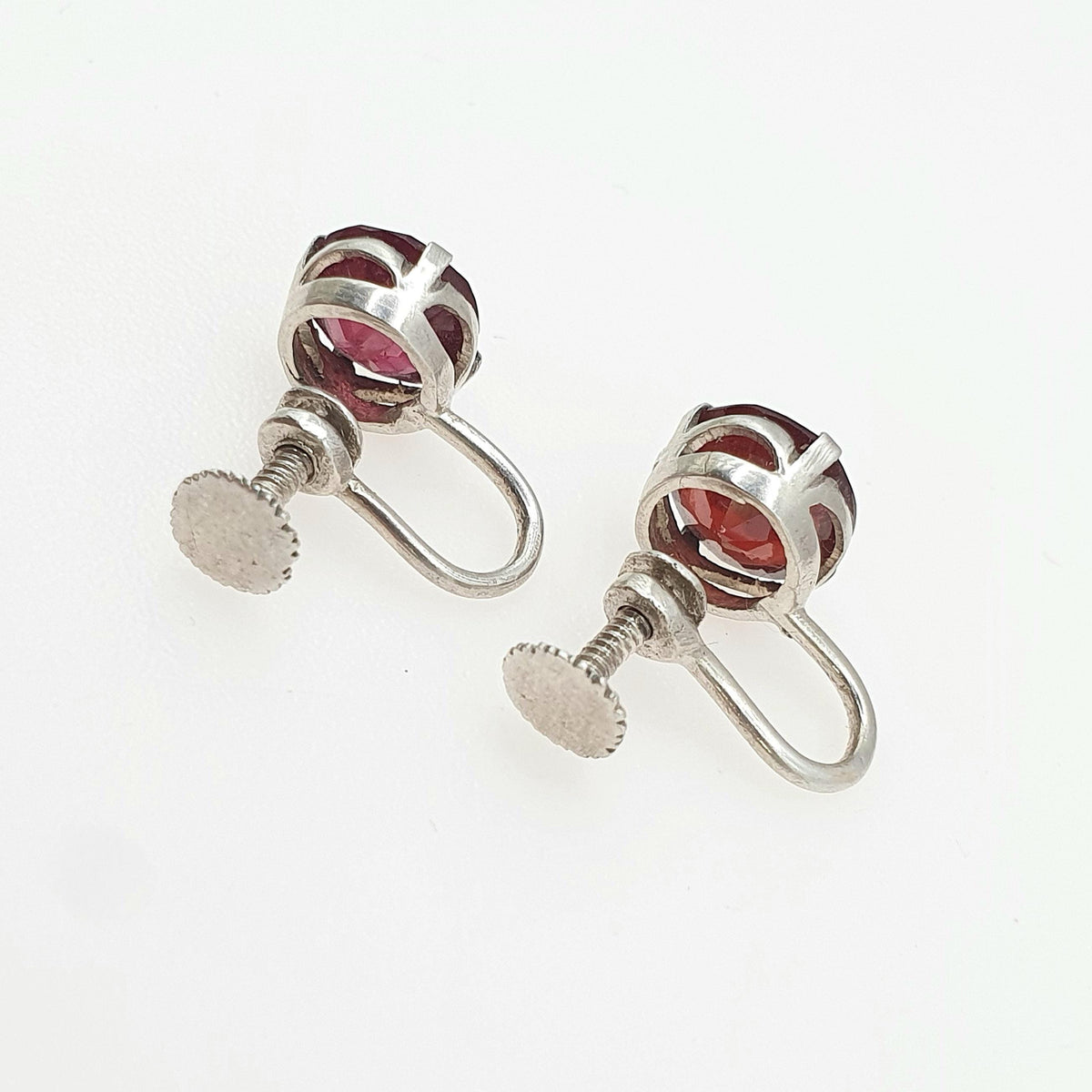 Antique Solid Silver Natural Garnet Earrings Art Deco Round Cut Handmade Screw Back 1920s Vintage Womens Ladies Jewelry Jewellery