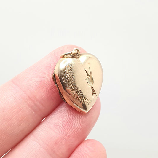 Antique 9ct Gold Bird Engraved Heart Locket 9k 9kt Back and Front Pendant Necklace Vintage Jewelry Womens Jewellery