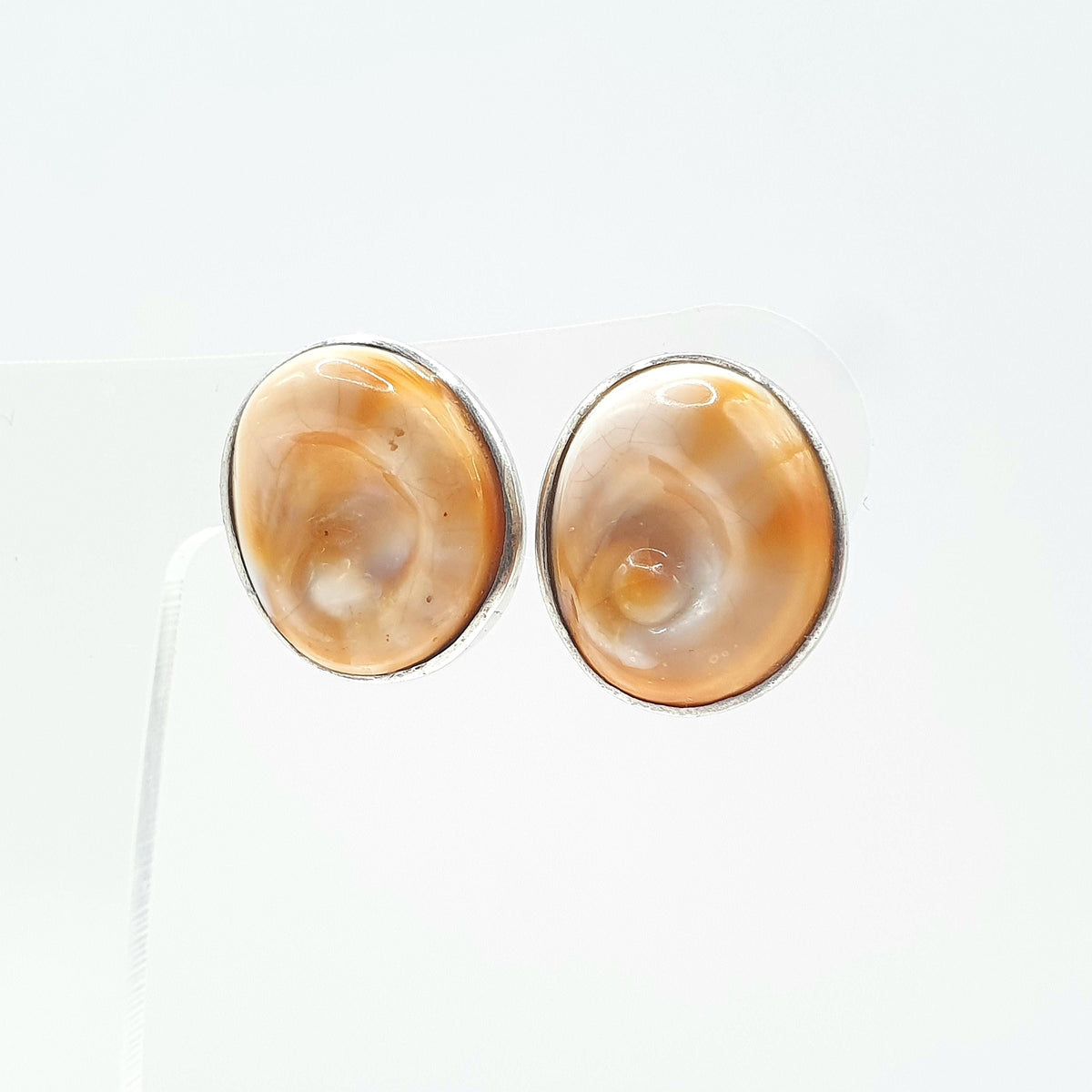Vintage Solid Silver Mexican Operculum Shell Earrings 950 Silver Mexico Large Clip On Sea Snail Womens Vintage Jewelry Jewellery