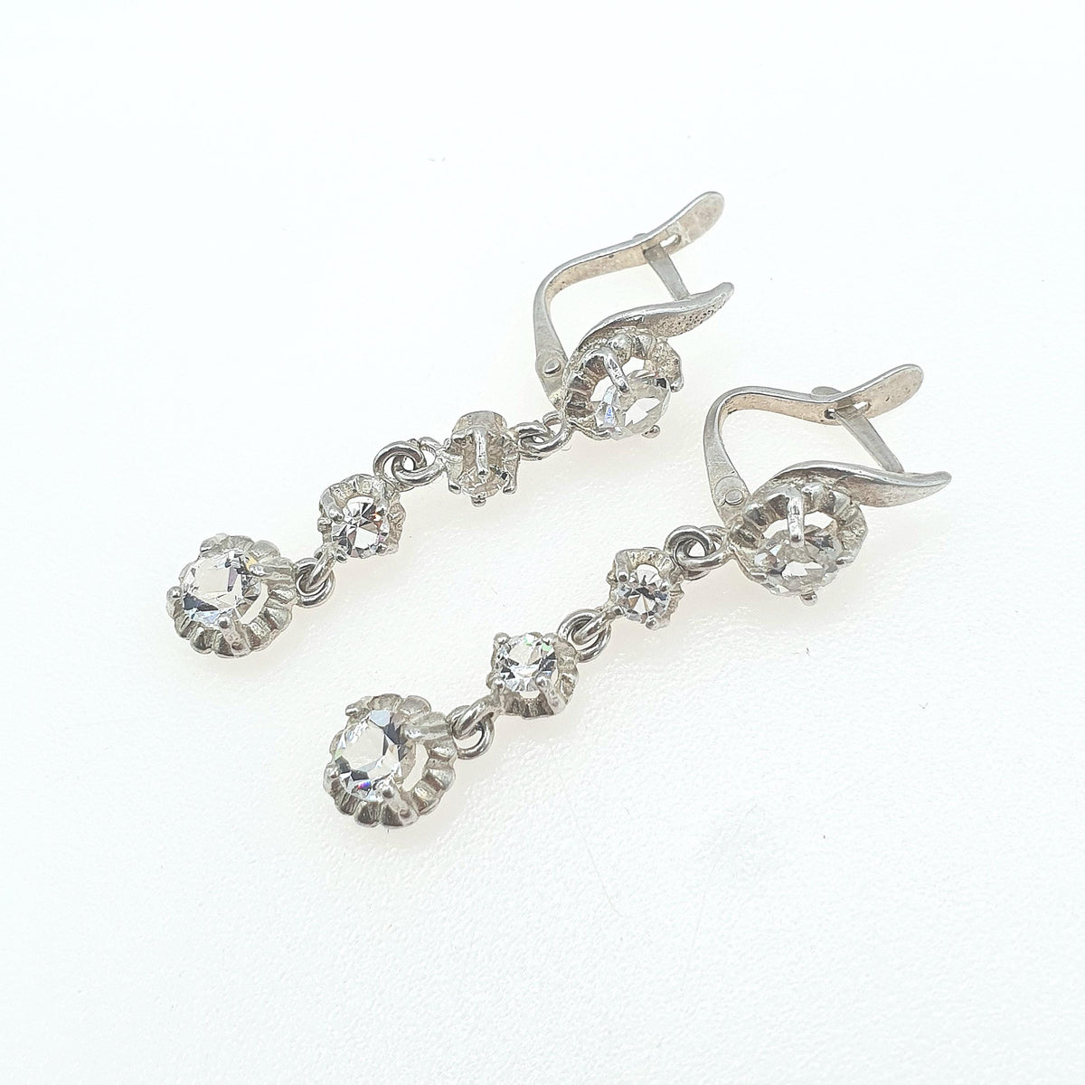 Antique Sterling Silver Diamond Paste Drop Earrings Hanging 4 Stone Round Cut Safety Latch Womens Vintage Jewelry Jewellery