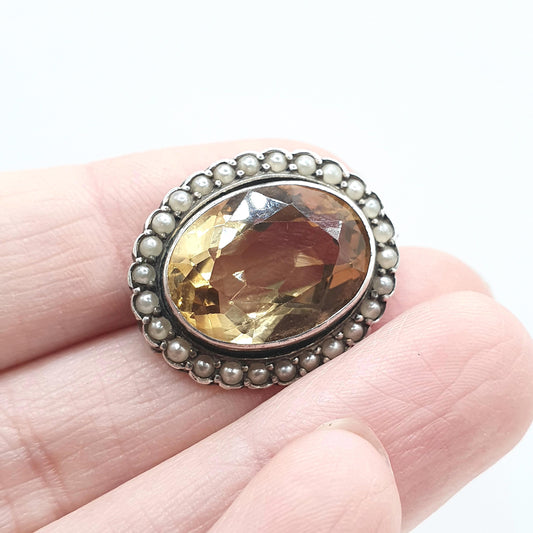 Antique Victorian Solid Silver Citrine Brooch Seed Pearl Border Genuine Gemstone Oval Cut Vintage Jewelry Jewellery