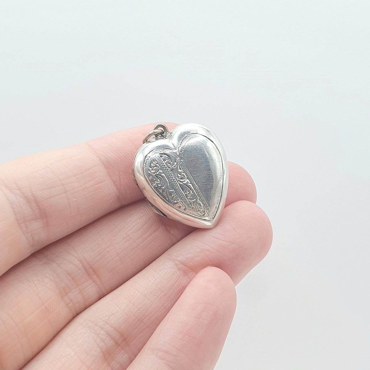 Antique Solid Silver Back and Front Heart Locket Art Deco Photo Keepsake Hand Engraved Front Womens Jewelry Vintage Jewellery