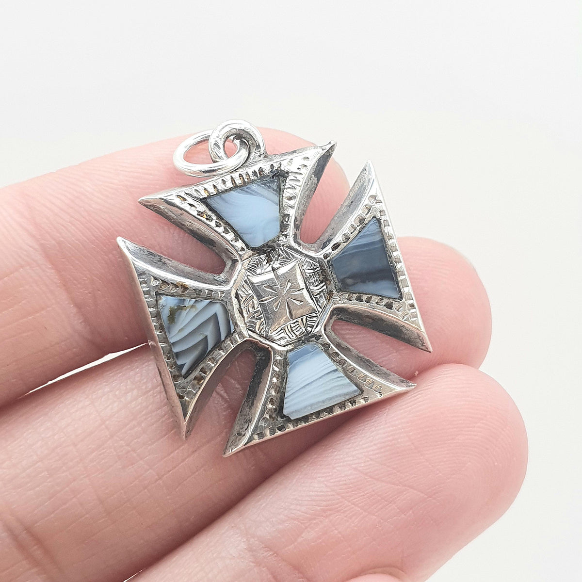 Antique Victorian Solid Silver Montrose Lace Agate Maltese Cross Crucifix Pendant Necklace Scottish Vintage Jewelry Jewellery Womens Mens