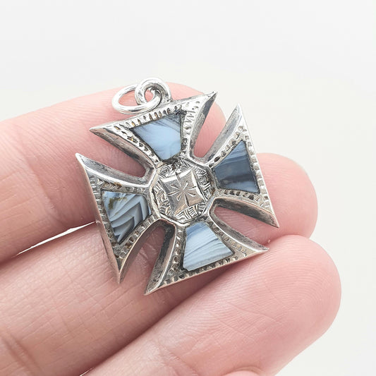 Antique Victorian Solid Silver Montrose Lace Agate Maltese Cross Crucifix Pendant Necklace Scottish Vintage Jewelry Jewellery Womens Mens