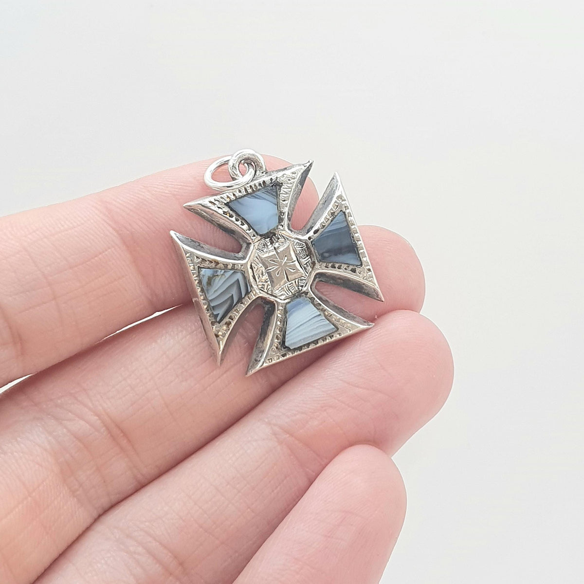 Antique Victorian Solid Silver Montrose Lace Agate Maltese Cross Crucifix Pendant Necklace Scottish Vintage Jewelry Jewellery Womens Mens