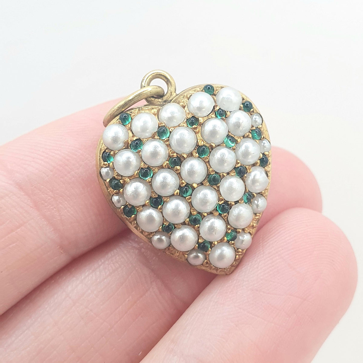Antique Victorian Rolled Gold Pearl & Emerald Paste Puffer Heart Pendant Faux Pearls Grid Pattern Womens Jewelry Vintage Jewellery