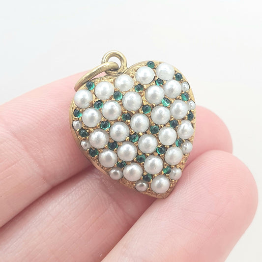 Antique Victorian Rolled Gold Pearl & Emerald Paste Puffer Heart Pendant Faux Pearls Grid Pattern Womens Jewelry Vintage Jewellery