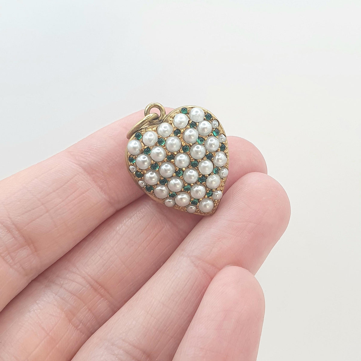 Antique Victorian Rolled Gold Pearl & Emerald Paste Puffer Heart Pendant Faux Pearls Grid Pattern Womens Jewelry Vintage Jewellery