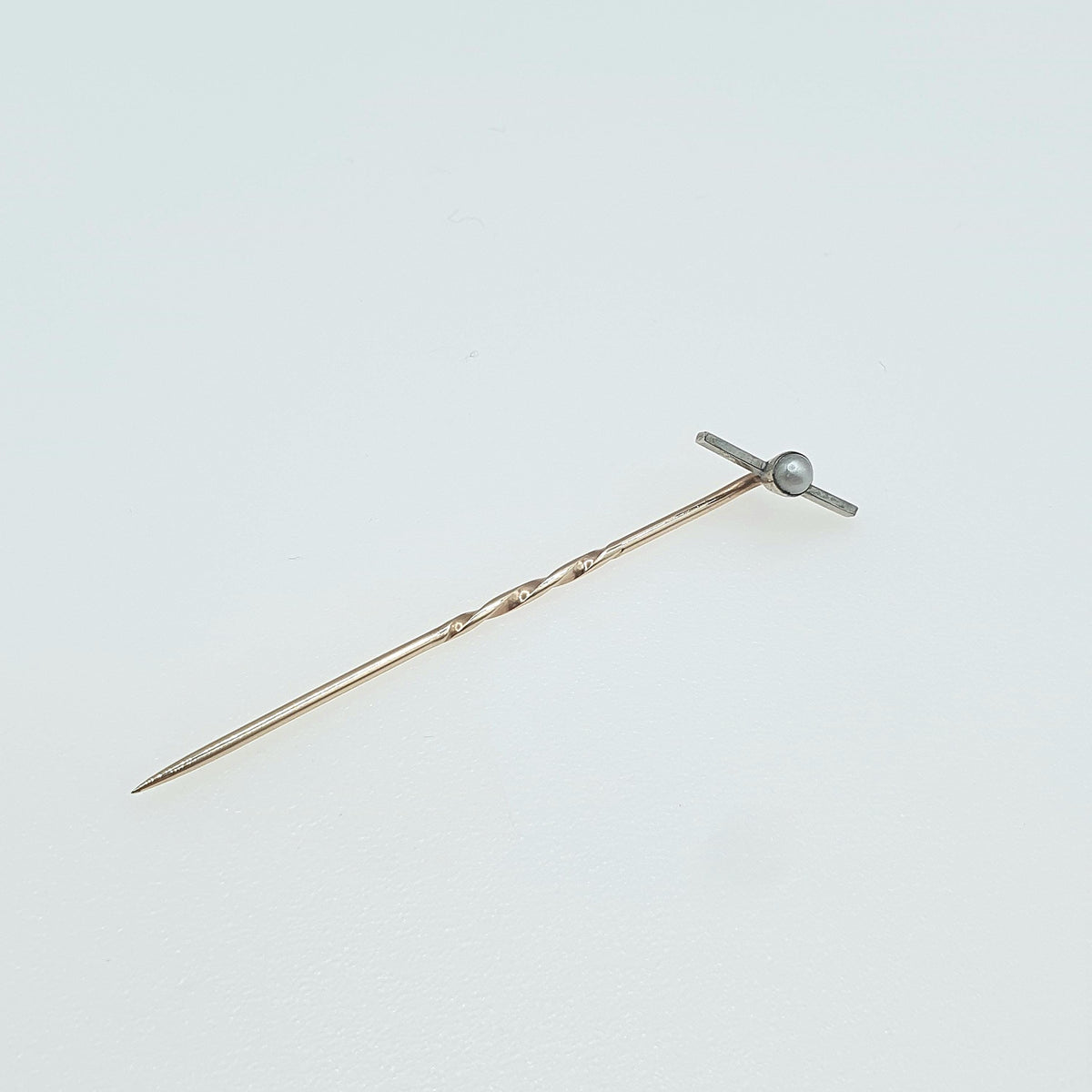 Antique Rolled Gold Pearl Stick Pin Propellor Shape Art Deco White Gold Head Gold Filled Mens Gents Jewelry Jewellery Old Vintage