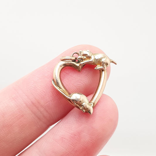 Antique 9ct Gold Cat and Mouse Heart Pendant Necklace Victorian Solid 9k 9kt Russian Rose Gold Vintage 1800s Jewelry Womens Jewellery