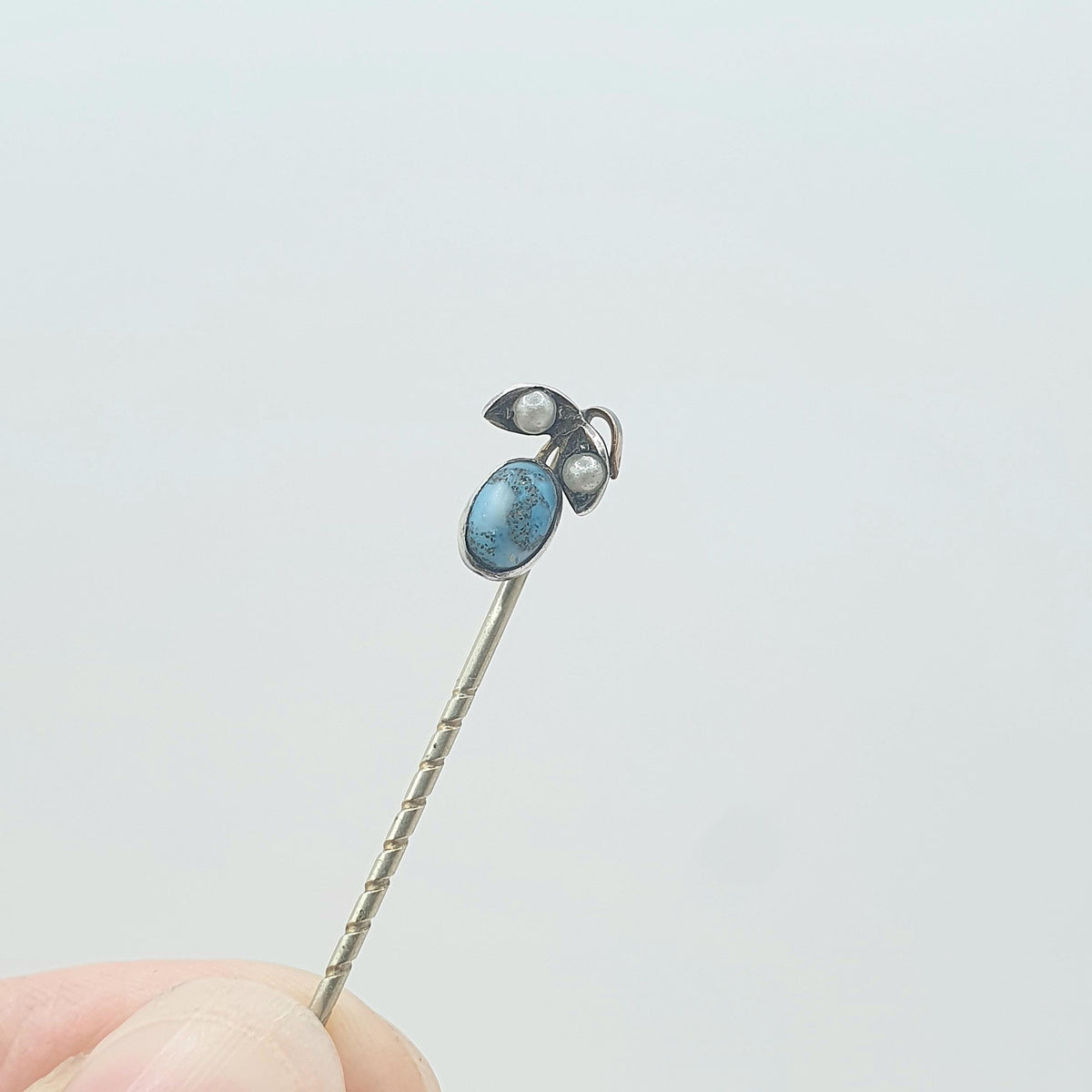 Antique Victorian Solid Silver Turquoise Glass & Pearl Stick Pin Berry Flower and Leaf Base Metal Womens Jewellery Jewelry