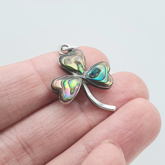 Antique Solid Silver Abalone Shell Clover Pendant Necklace Three Lead Good Luck Lucky Iridescent Rainbow Womens Jewellery Jewelry