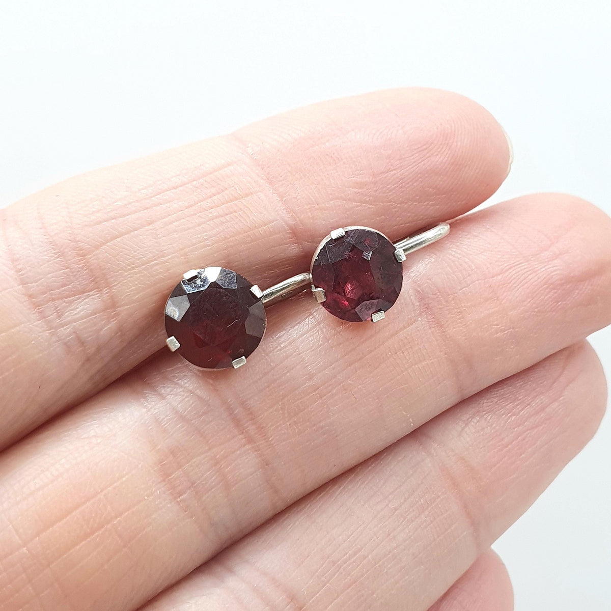Antique Solid Silver Natural Garnet Earrings Art Deco Round Cut Handmade Screw Back 1920s Vintage Womens Ladies Jewelry Jewellery