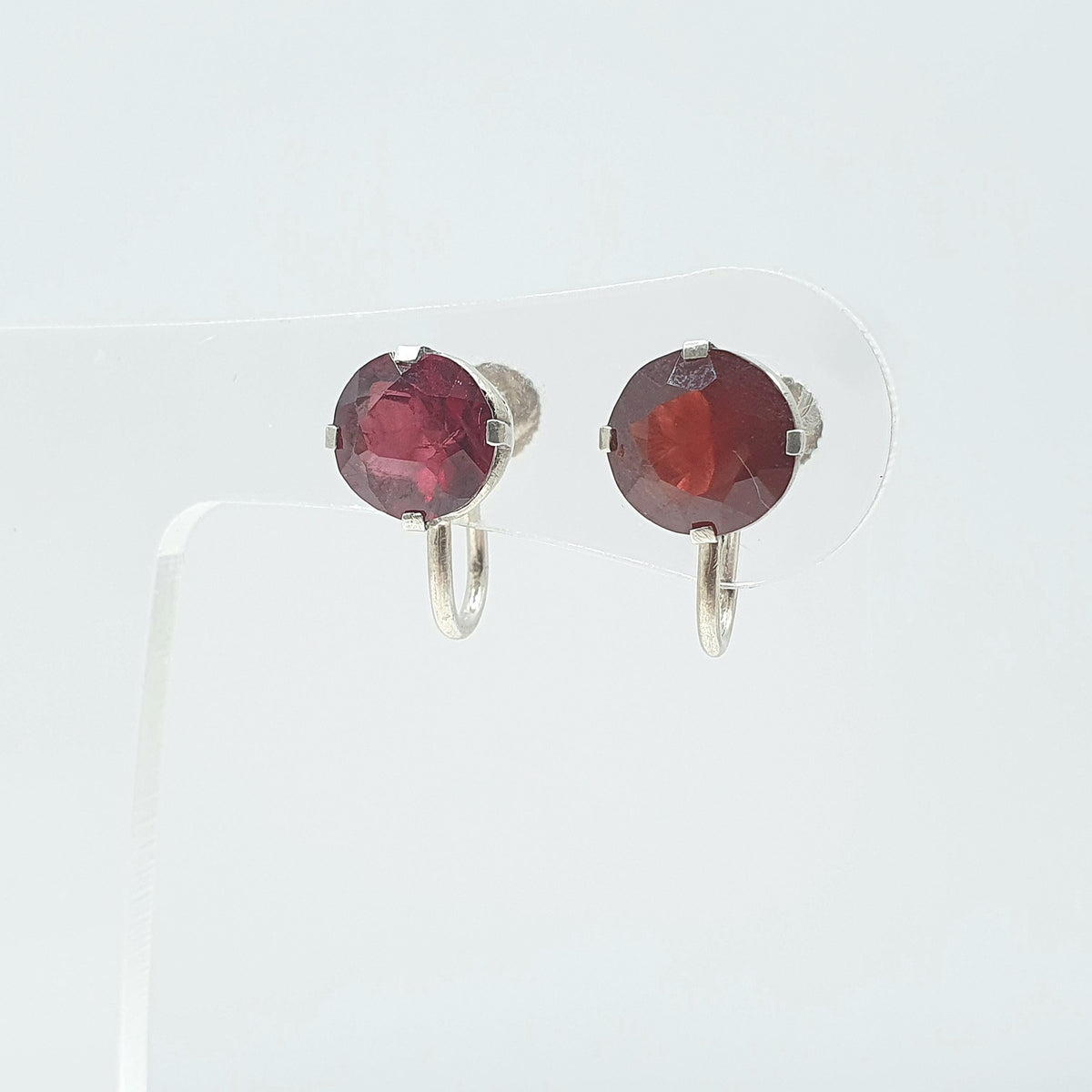 Antique Solid Silver Natural Garnet Earrings Art Deco Round Cut Handmade Screw Back 1920s Vintage Womens Ladies Jewelry Jewellery