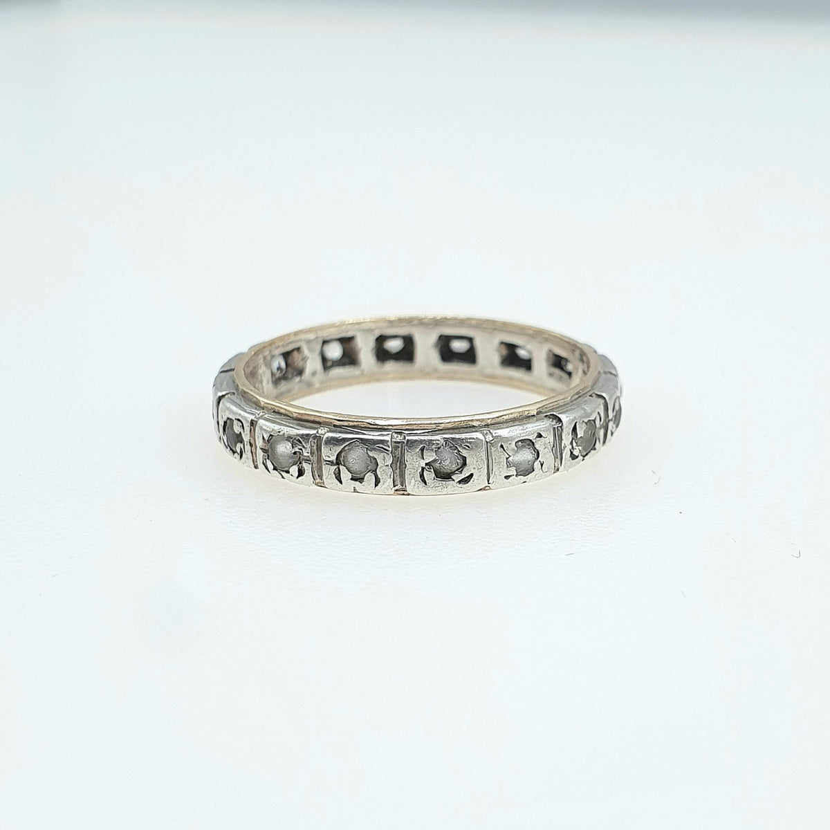 Antique 9ct Gold & Solid Silver Eternity Ring White Spinel Gemstones Square Pattern Vintage Womens Jewelry Jewellery UK M.5 US 6.75