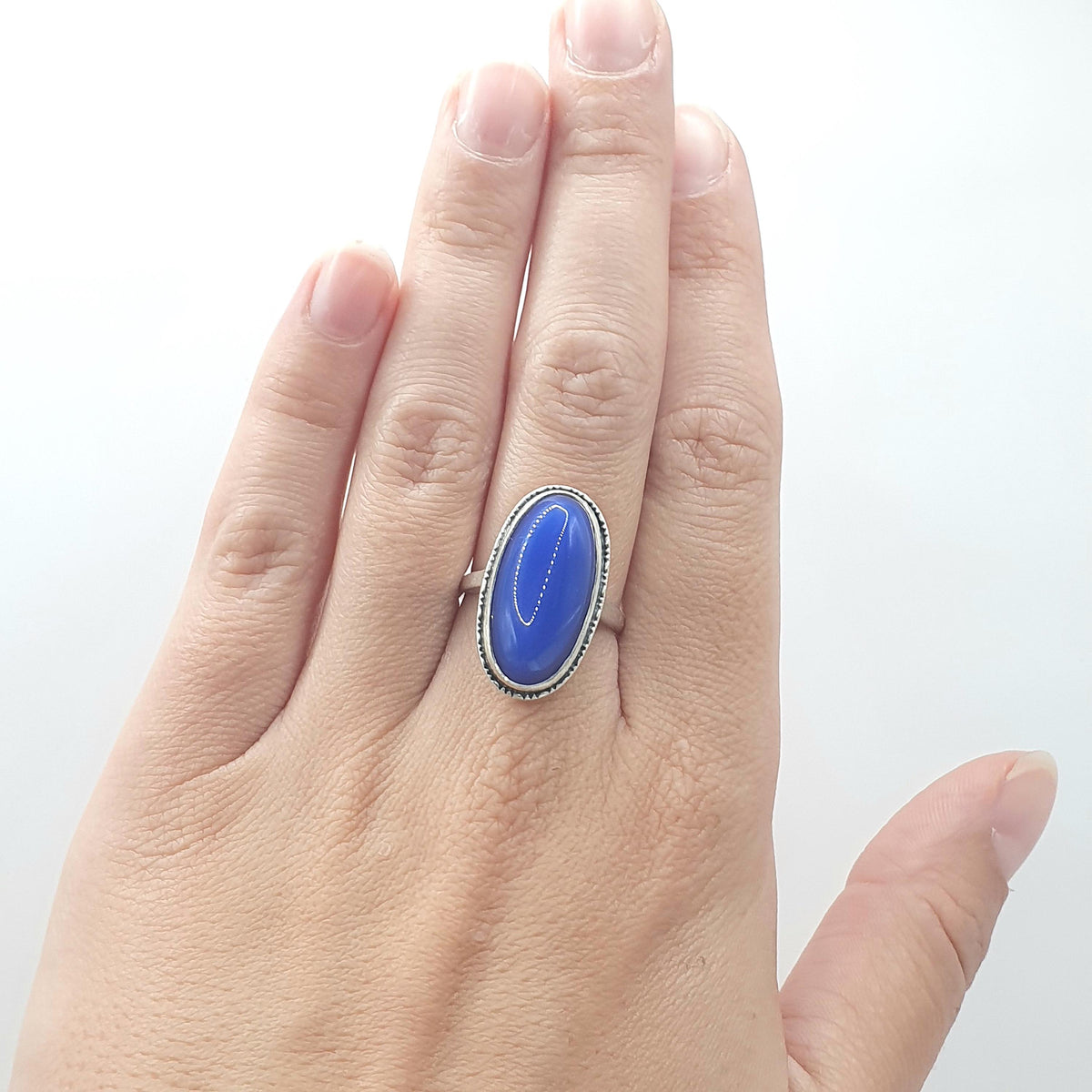 Antique Solid Silver Blue Chalcedony Ring Large Oval Cabochon Blue Gemstone Art Deco 1920s Vintage Womens Jewellery Jewelry