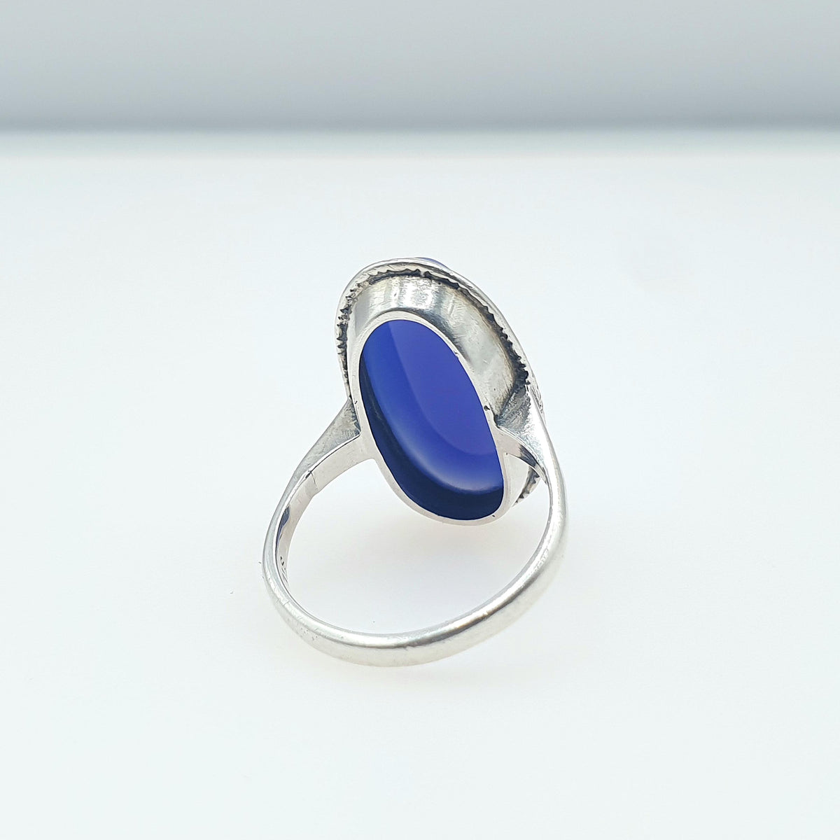 Antique Solid Silver Blue Chalcedony Ring Large Oval Cabochon Blue Gemstone Art Deco 1920s Vintage Womens Jewellery Jewelry