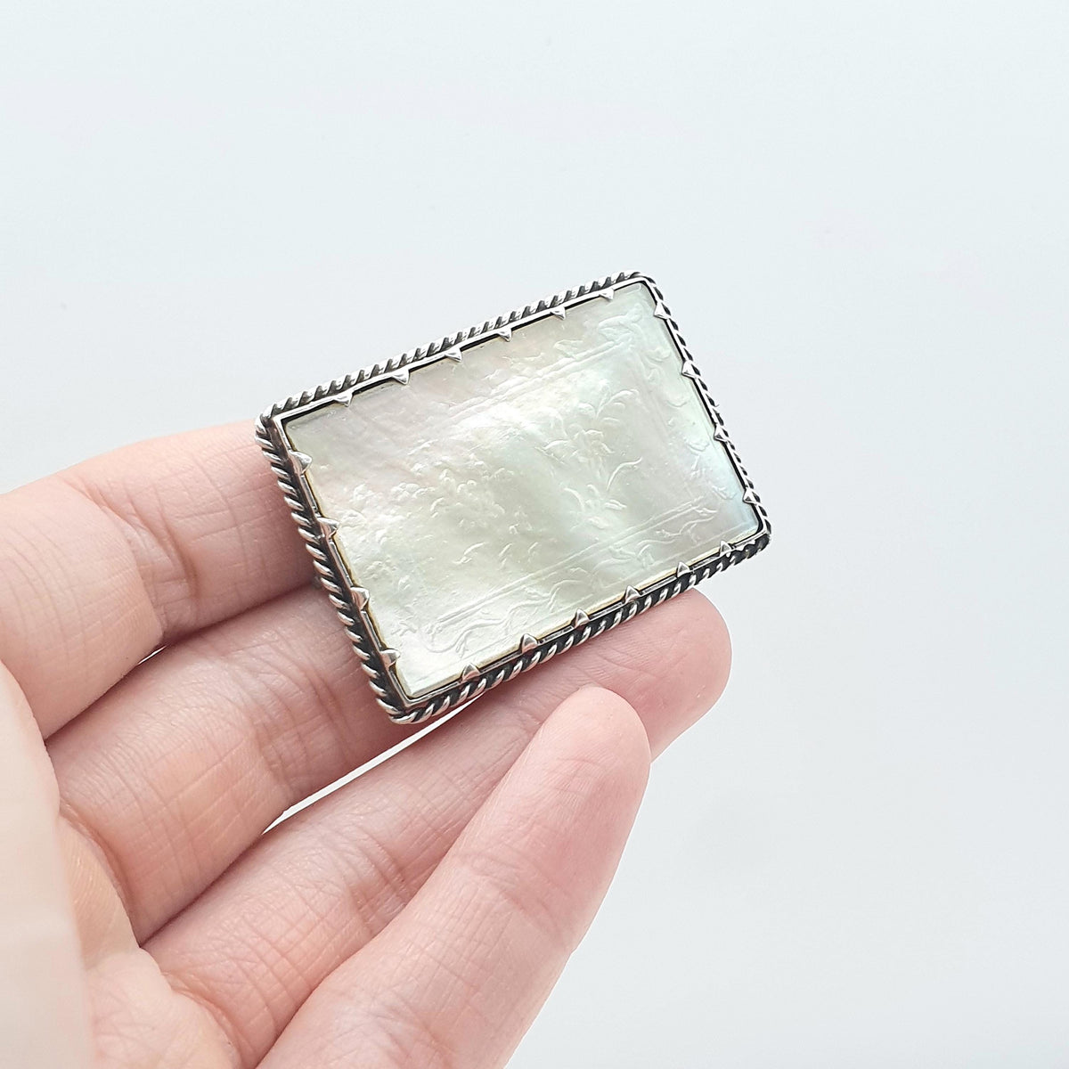 Antique Victorian Solid Silver Carved Mother of Pearl Brooch White Shell Cameo Floral Pattern Womens Jewelry Vintage Jewellery