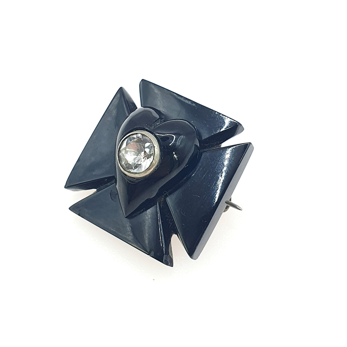 Antique Victorian Whitby Jet Heart Maltese Cross Brooch Diamond Paste Centre Black Gemstone Vintage Womens Jewelry Jewellery