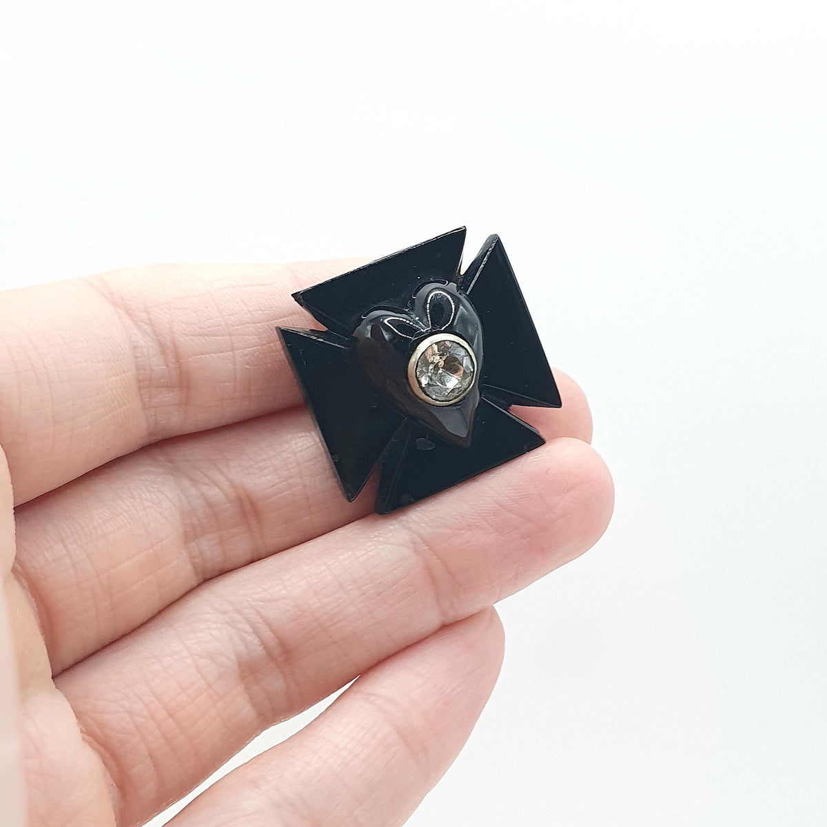 Antique Victorian Whitby Jet Heart Maltese Cross Brooch Diamond Paste Centre Black Gemstone Vintage Womens Jewelry Jewellery