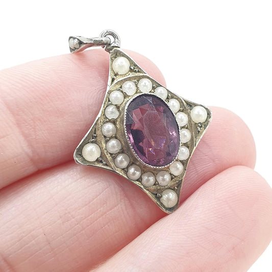 Antique Solid Silver Amethyst Paste Pearl Pendant Faux Simulated Kite Shape Necklace Vintage Jewellery Womens Jewelry