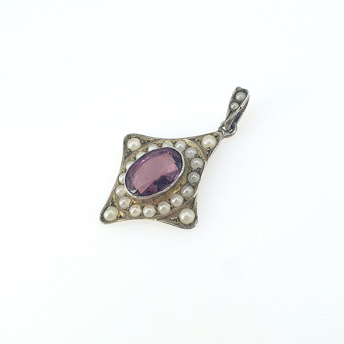 Antique Solid Silver Amethyst Paste Pearl Pendant Faux Simulated Kite Shape Necklace Vintage Jewellery Womens Jewelry