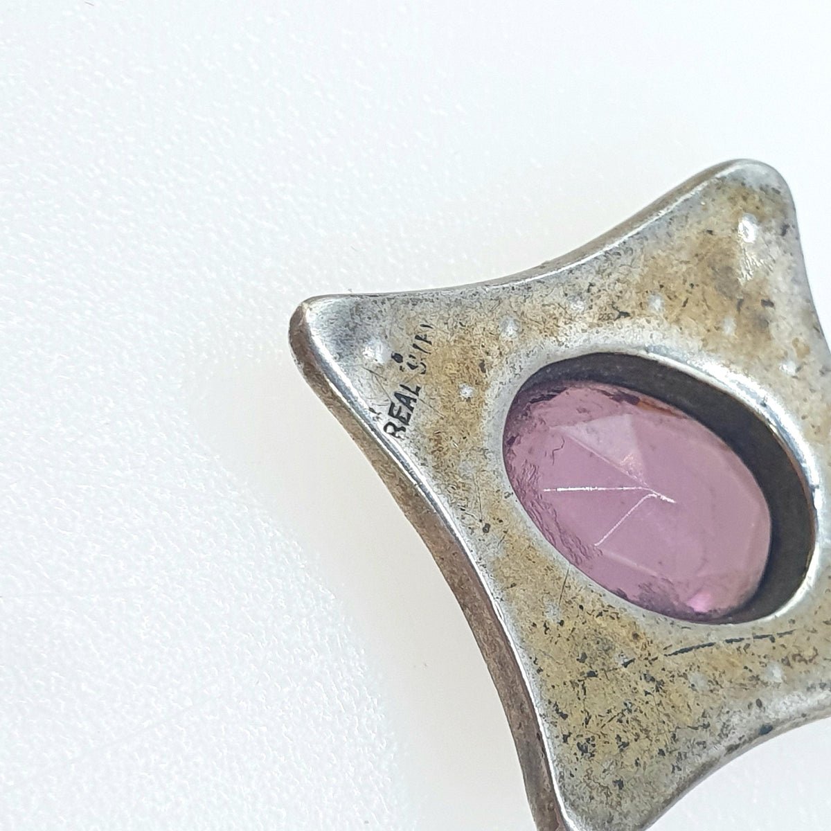 Antique Solid Silver Amethyst Paste Pearl Pendant Faux Simulated Kite Shape Necklace Vintage Jewellery Womens Jewelry