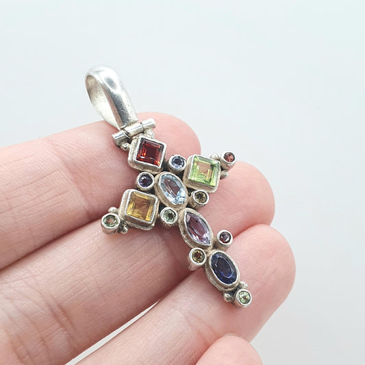Vintage Sterling Silver Multi Gemstone Cross Pendant Crucifix Necklace Citrine Amethyst Peridot Garnet Womens Jewelry Jewellery