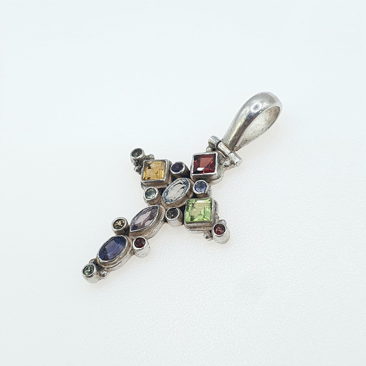 Vintage Sterling Silver Multi Gemstone Cross Pendant Crucifix Necklace Citrine Amethyst Peridot Garnet Womens Jewelry Jewellery