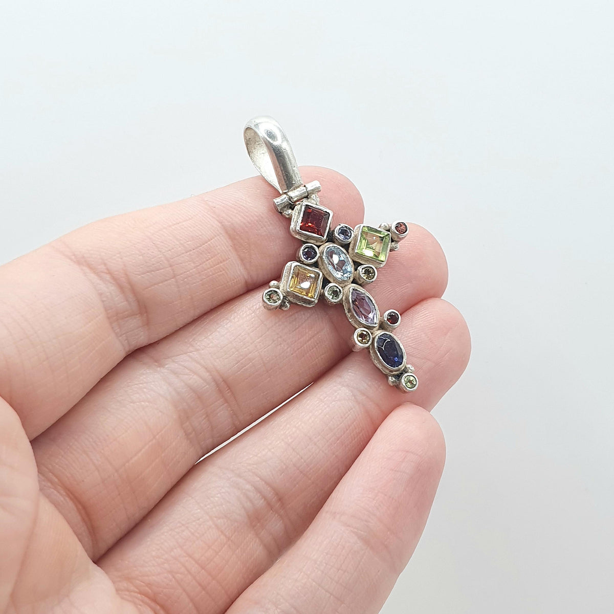 Vintage Sterling Silver Multi Gemstone Cross Pendant Crucifix Necklace Citrine Amethyst Peridot Garnet Womens Jewelry Jewellery