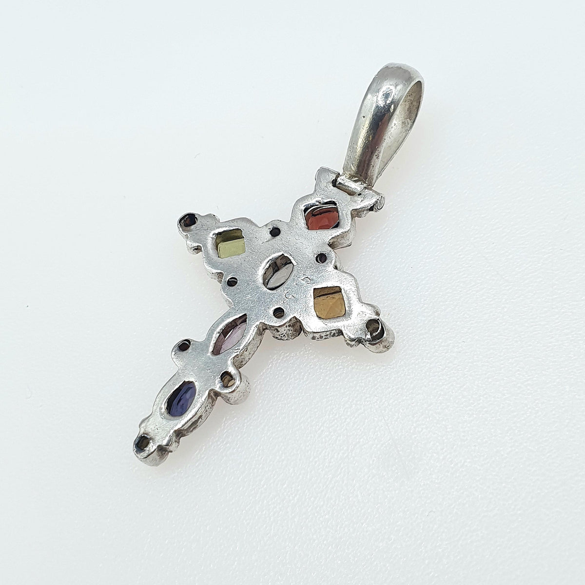 Vintage Sterling Silver Multi Gemstone Cross Pendant Crucifix Necklace Citrine Amethyst Peridot Garnet Womens Jewelry Jewellery