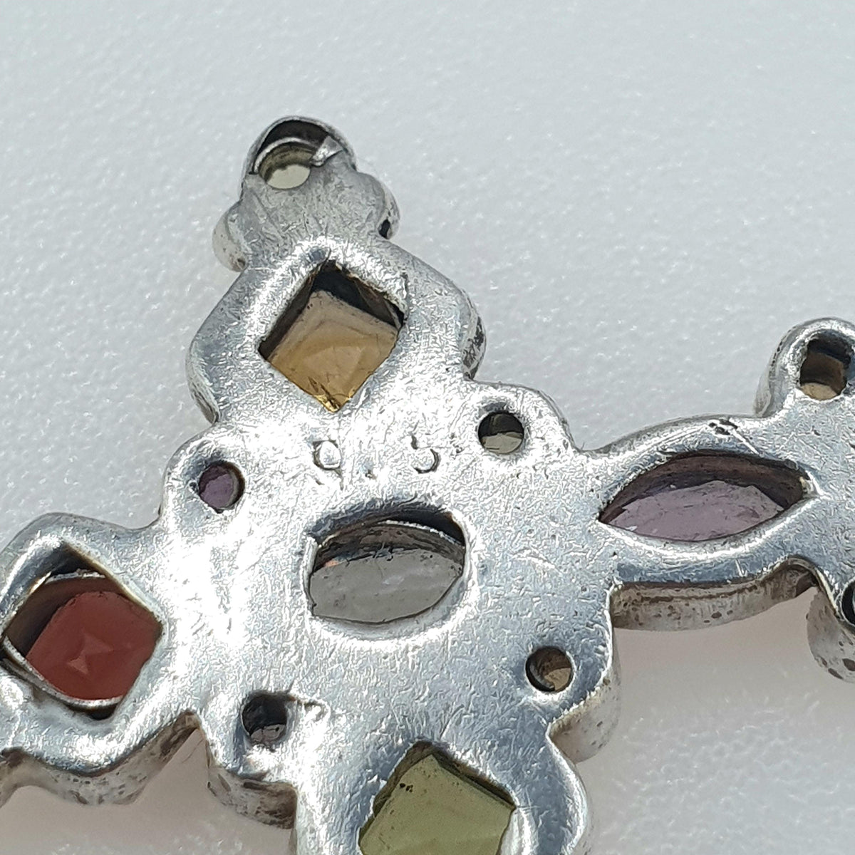 Vintage Sterling Silver Multi Gemstone Cross Pendant Crucifix Necklace Citrine Amethyst Peridot Garnet Womens Jewelry Jewellery