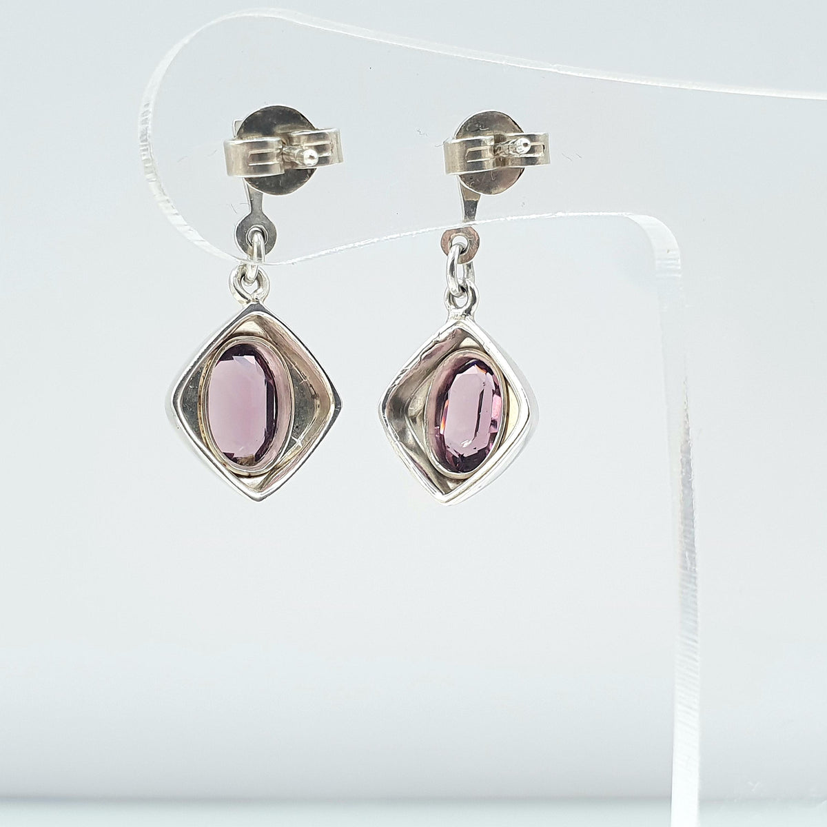Antique Art Deco Solid Silver Amethyst Paste Earrings Stud Hanging Square Shape Oval Cut Vintage Womens Jewelry Jewellery