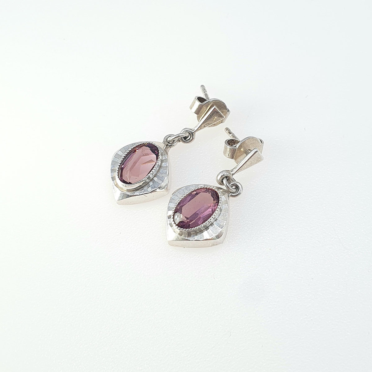 Antique Art Deco Solid Silver Amethyst Paste Earrings Stud Hanging Square Shape Oval Cut Vintage Womens Jewelry Jewellery