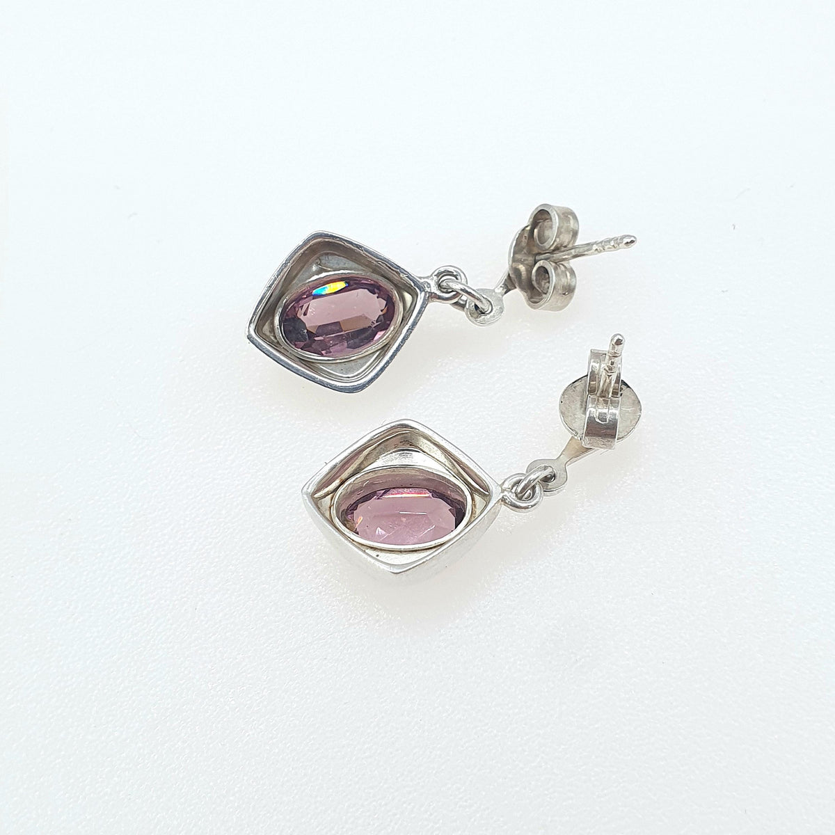 Antique Art Deco Solid Silver Amethyst Paste Earrings Stud Hanging Square Shape Oval Cut Vintage Womens Jewelry Jewellery