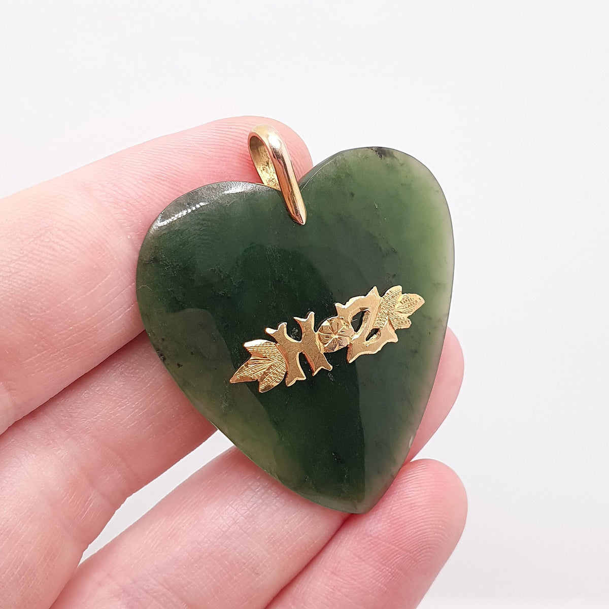 Antique 9ct Gold New Zealand Jade Heart Pendant Necklace NZ Victorian Maori Nephrite Solid 375 9k Large Big Vintage Jewellery Jewelry