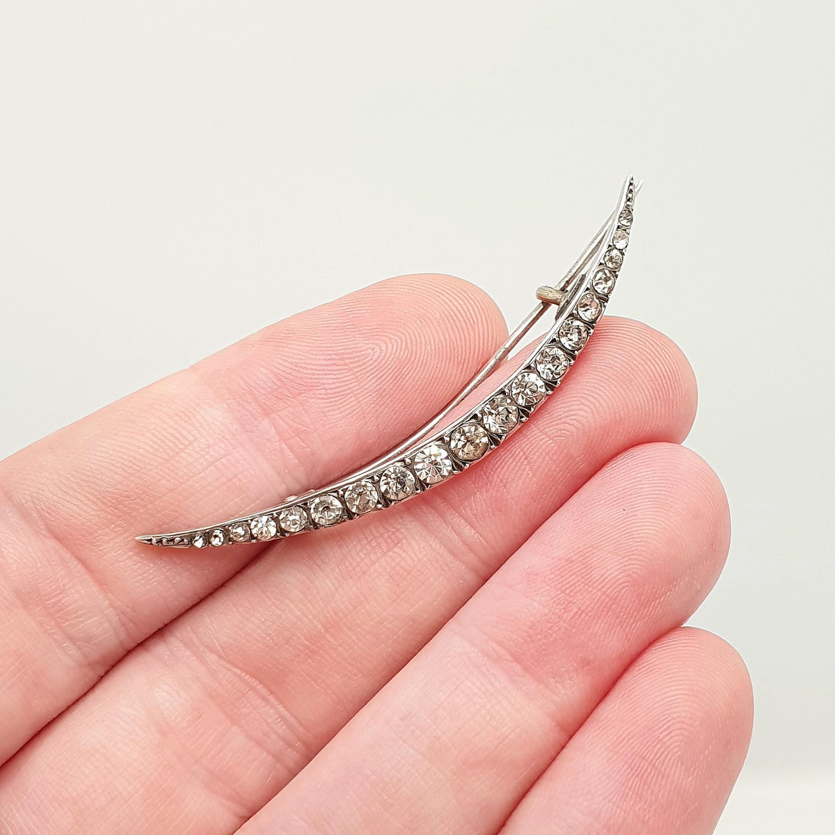 Antique Solid Silver Crescent Moon Diamond Paste Brooch Victorian Sparkly Vintage Celestial Womens Jewelry Jewellery 1800s