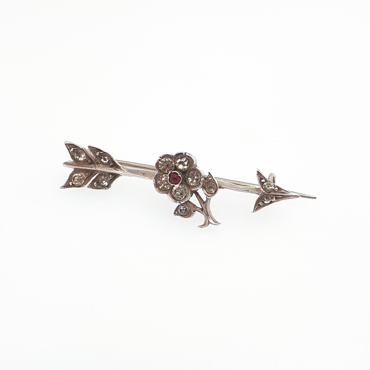 Antique Solid Silver Diamond Paste Arrow Brooch Flower Pin Victorian Bow Flight Feather Vintage Shooting Archery Jewelry Jewellery