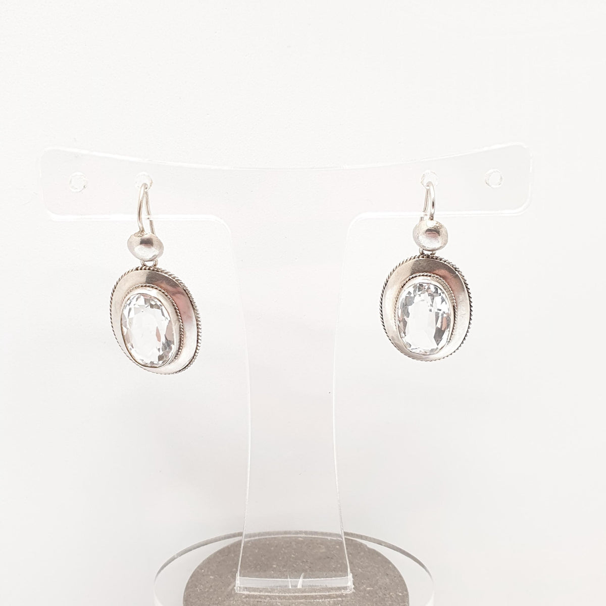 Antique Victorian Solid Silver Rock Crystal Earrings White Quartz Hanging Hook Drop Oval Cut Genuine Gemstone Vintage Jewelry Jewellery