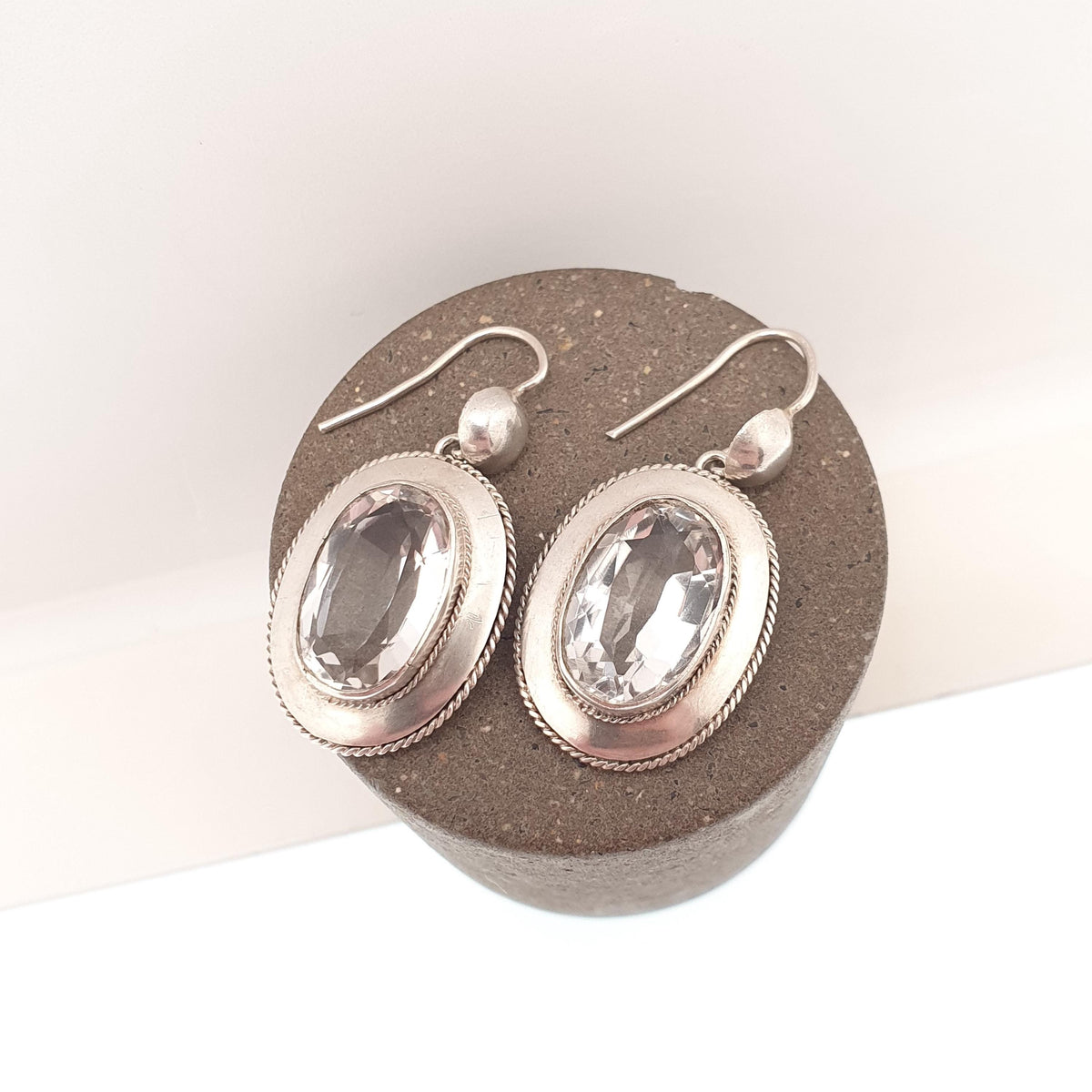 Antique Victorian Solid Silver Rock Crystal Earrings White Quartz Hanging Hook Drop Oval Cut Genuine Gemstone Vintage Jewelry Jewellery