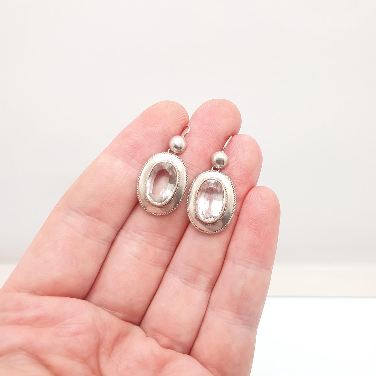 Antique Victorian Solid Silver Rock Crystal Earrings White Quartz Hanging Hook Drop Oval Cut Genuine Gemstone Vintage Jewelry Jewellery