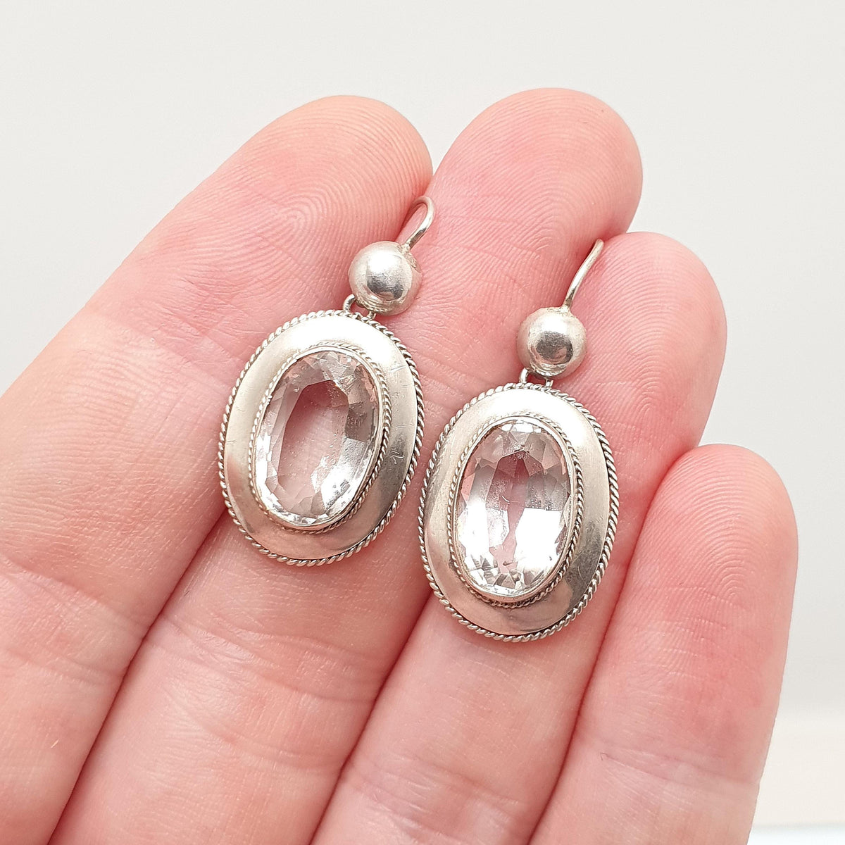 Antique Victorian Solid Silver Rock Crystal Earrings White Quartz Hanging Hook Drop Oval Cut Genuine Gemstone Vintage Jewelry Jewellery